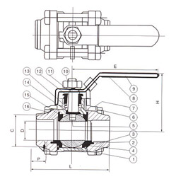 <strong><strong><strong>三片式焊接球阀</strong></strong></strong>结构图