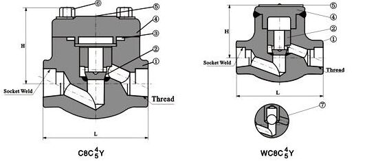 内螺纹与承插焊锻钢止回阀结构图